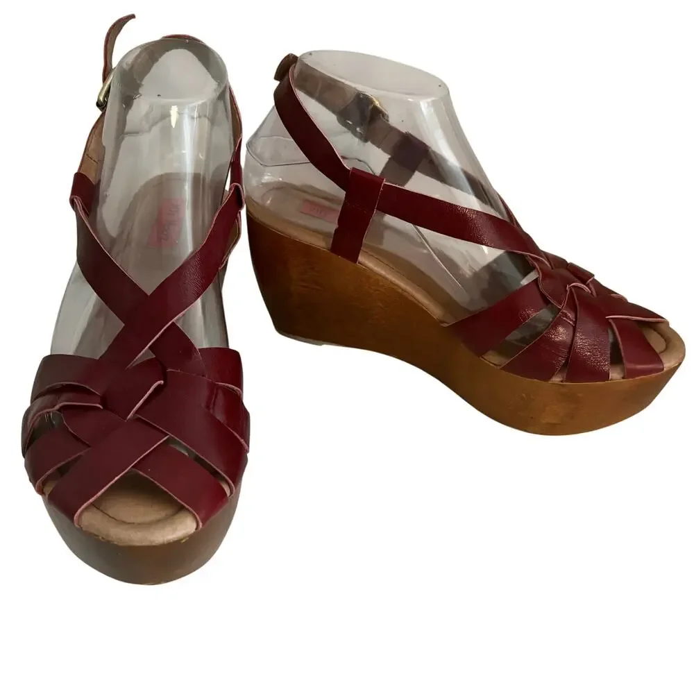 Miz Mooz Gizmo Maroon Leather Strappy Wood Wedge Slingback Sandals Basketweave